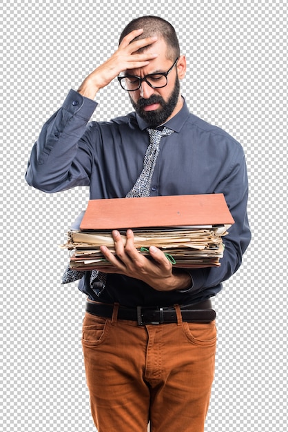 Homem, segurando, vários, faculdade, notas