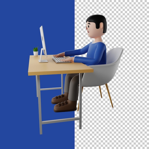 PSD homem sentado na frente do computador homem trabalhando em um laptop freelancer 3d renderizar personagem 3d