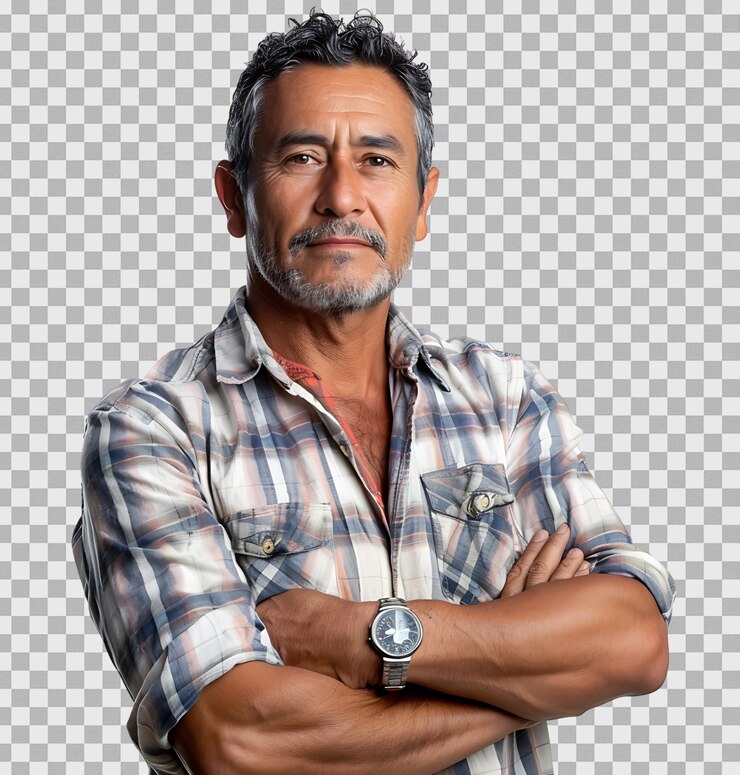 PSD homem sorridente com braços dobrados em fundo transparente isolado