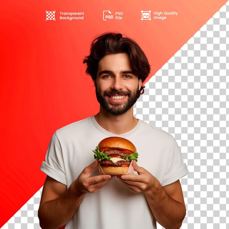 PSD homem sorridente com hamburguer homem sorridente com hambúrguer