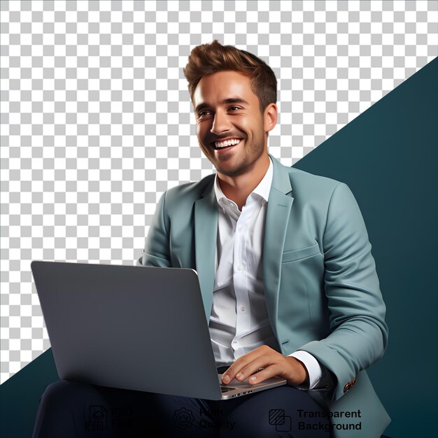 PSD homem sorridente com laptop isolado em fundo transparente incluir arquivo png