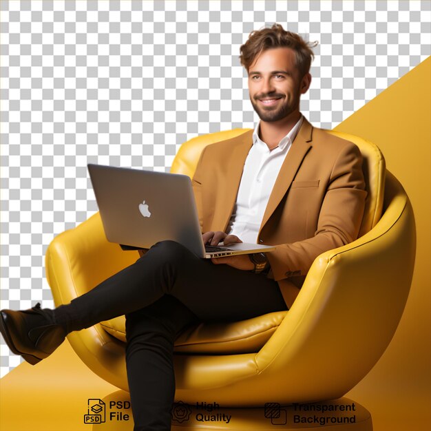 Homem sorridente com laptop isolado em fundo transparente incluir arquivo png