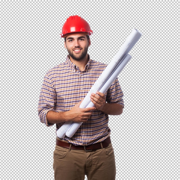 Homem sorridente com um capacete vermelho e planos