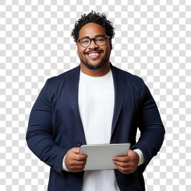 Homem sorridente segurando um tablet