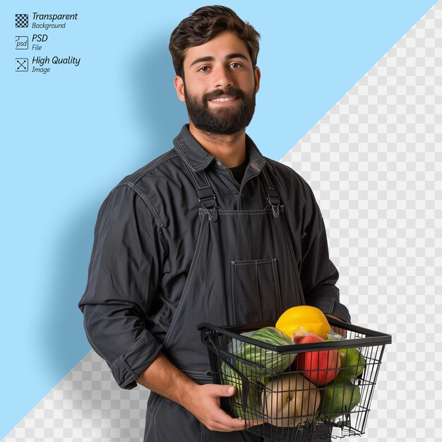 PSD homem sorridente segurando uma cesta com frutas e legumes frescos