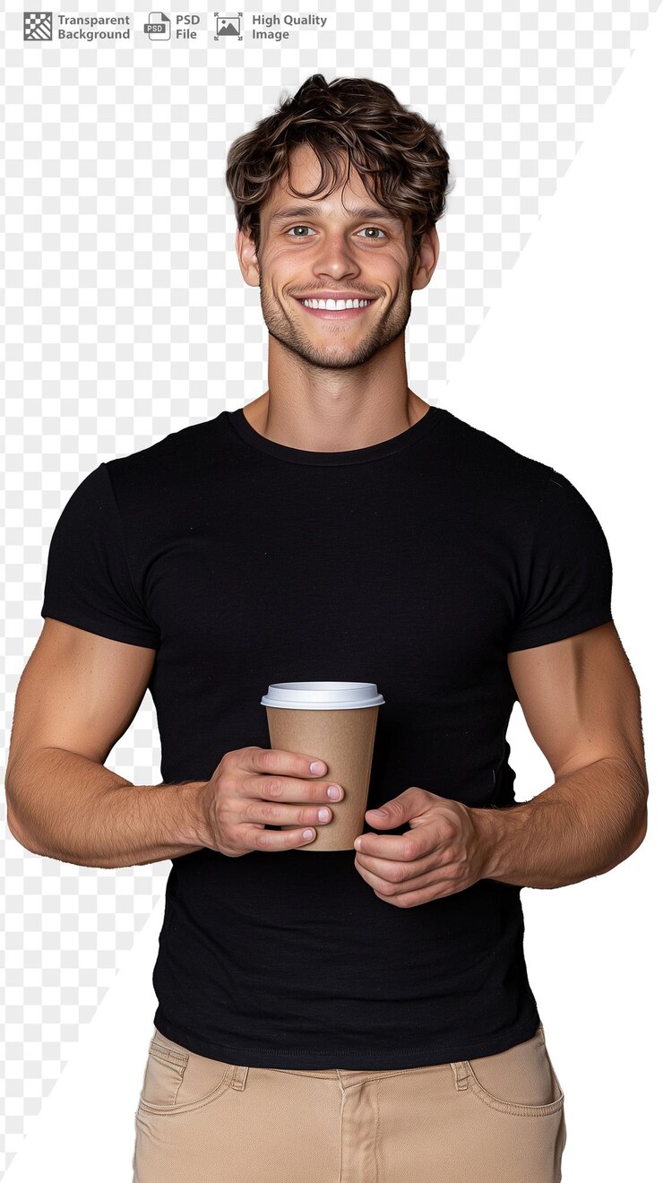 Homem sorridente segurando uma xícara de café em fundo transparente