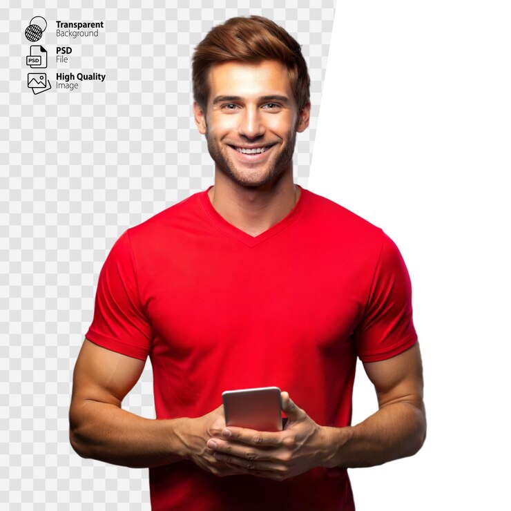 Homem sorridente usando smartphone em camisa vermelha em fundo transparente