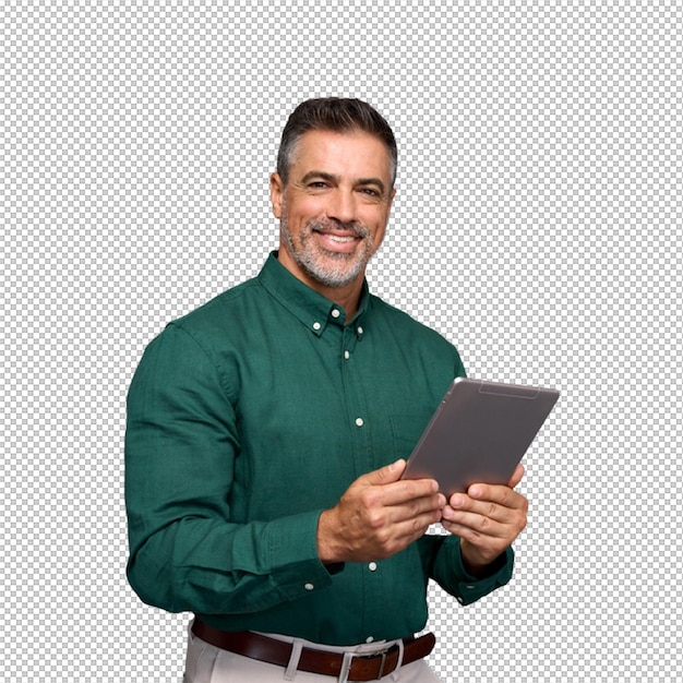 Homem sorridente usando um tablet