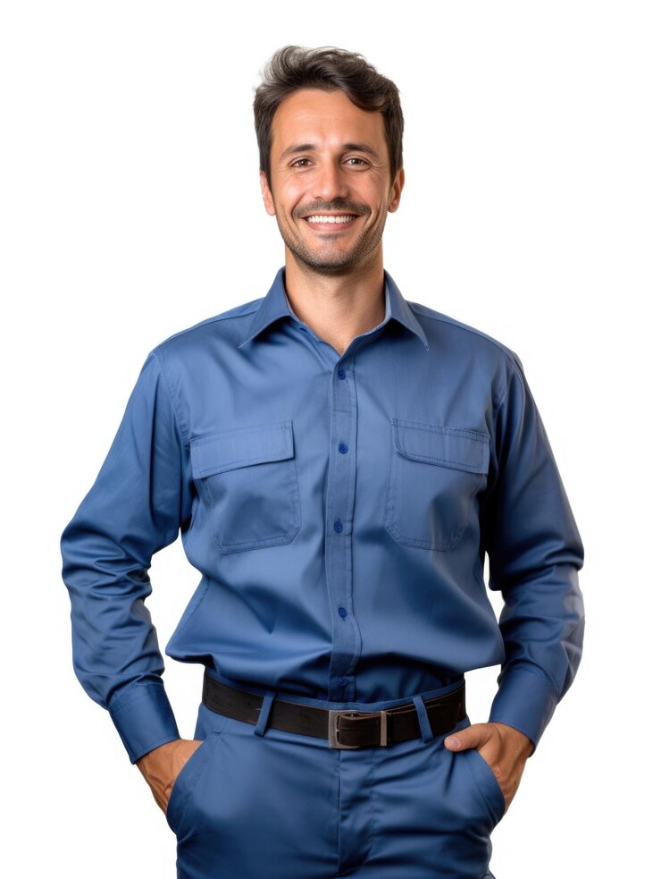 PSD homem técnico usar uniforme azul em fundo transparente