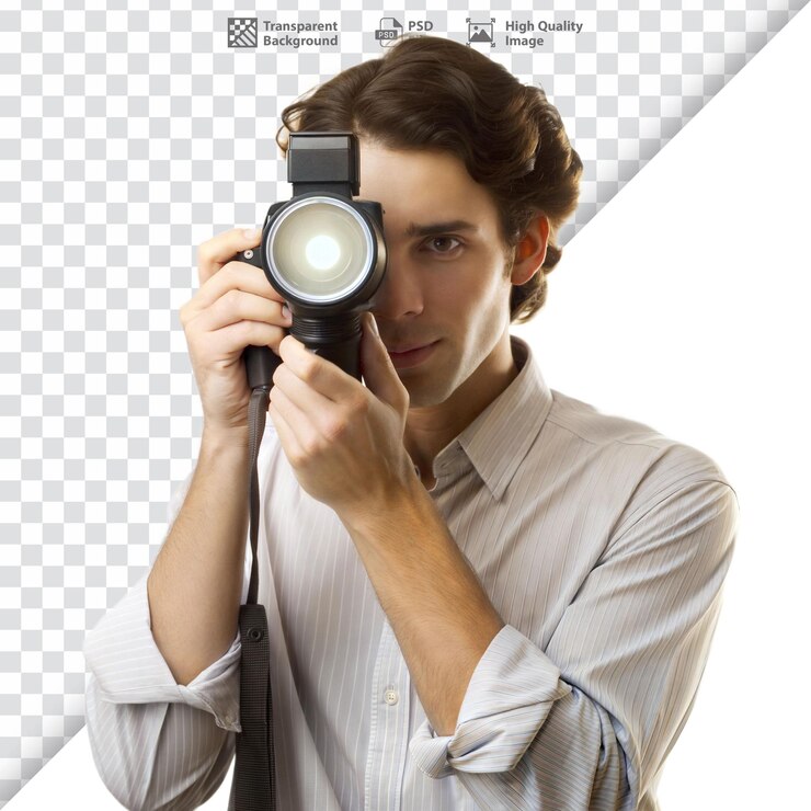PSD homem tirando uma foto com uma câmera vintage