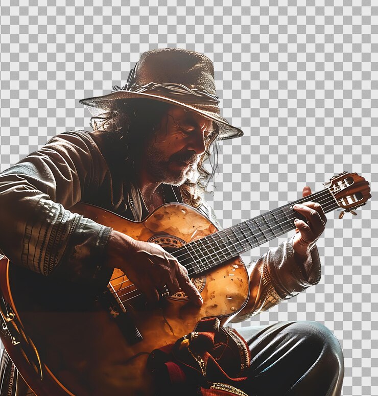 PSD homem tocando guitarra em fundo transparente isolado