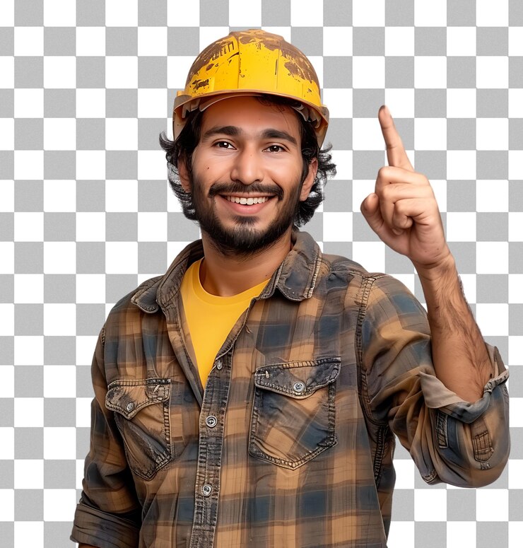 PSD homem trabalhador engenheiro bonito vestindo uniforme e capacete e dedo para o lado em fundo transparente