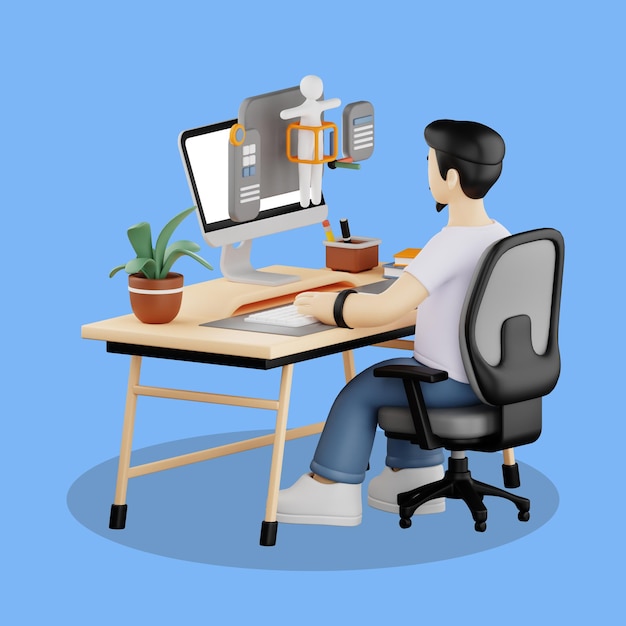 Homem trabalhando em design de personagens 3D em um espaço de trabalho moderno