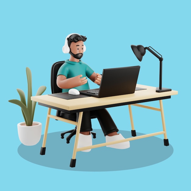 Homem trabalhando em um laptop durante uma chamada de videoconferência