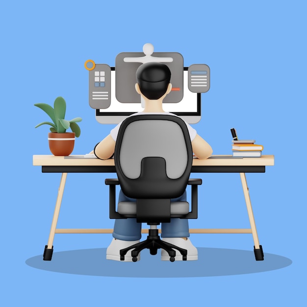 Homem trabalhando no computador na mesa em estilo de desenho animado 3D