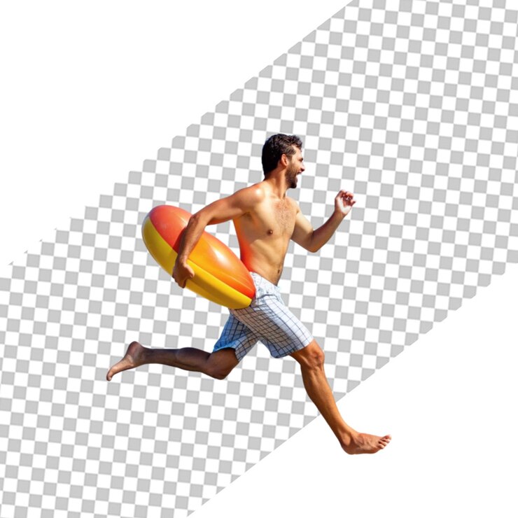 PSD homem turista usando um flutuador e pulando em férias de verão papel de parede transparente