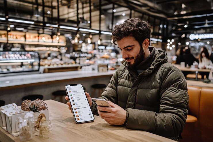 PSD homem usa aplicativo de telefone para pedir comida em café