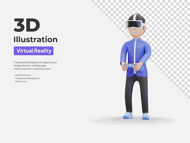 Homem usando fone de ouvido de realidade virtual e ilustração de desenho animado joystick renderização 3d