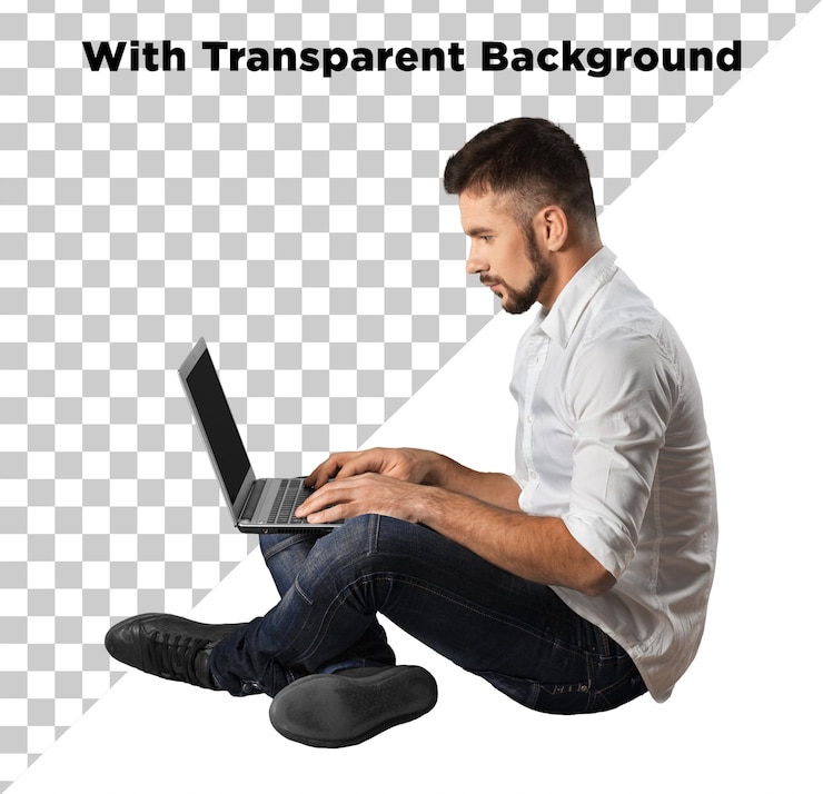 PSD homem usando laptop em fundo transparente