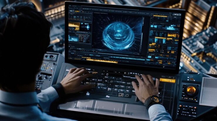 PSD homem usando laptop futurista com exibição holográfica trabalhando tarde da noite em um ambiente de alta tecnologia