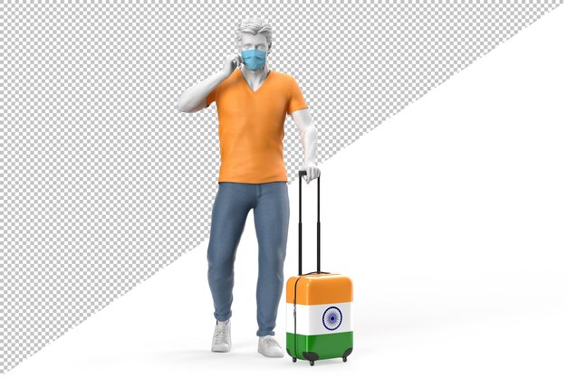 PSD homem usando máscara facial puxa uma mala texturizada com a bandeira da índia. renderização 3d