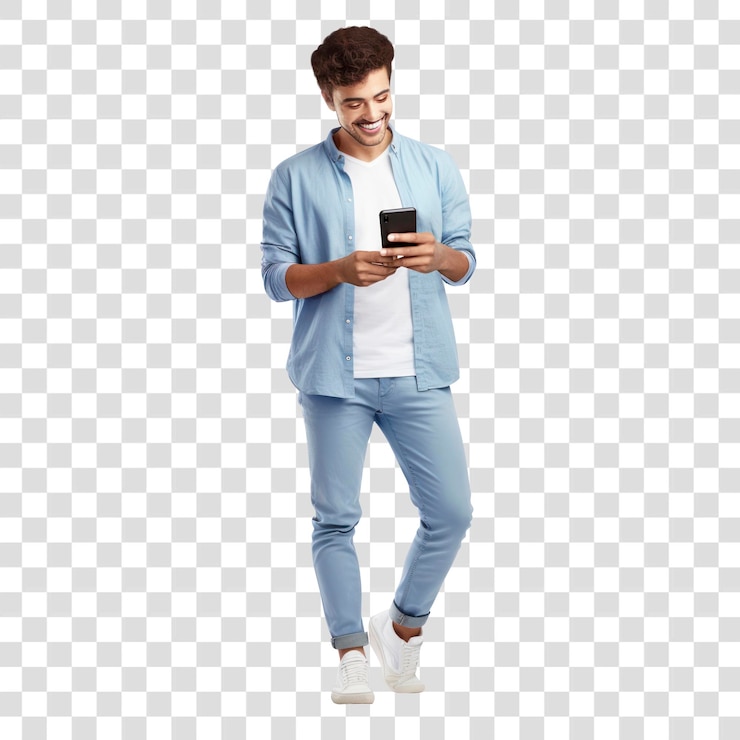 PSD homem usando smartphone sorrindo