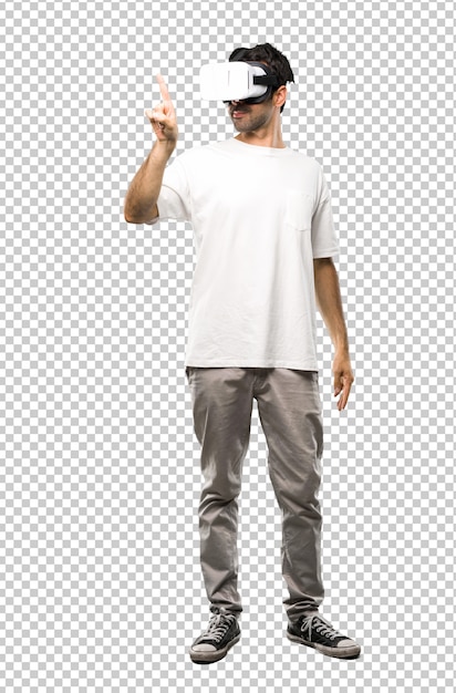 Homem, usando, vr, óculos, tocar, ligado, tela transparente