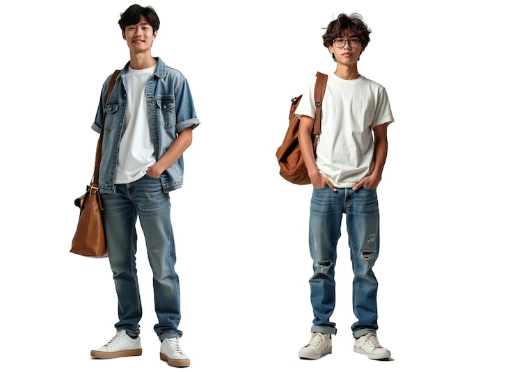 PSD homem vestindo camisa e jeans com saco em fundo transparente