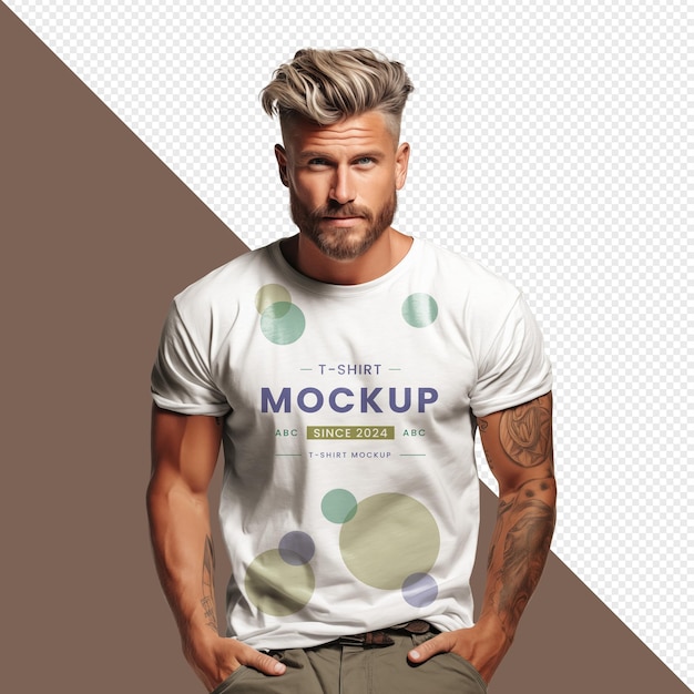 PSD homem vestindo camiseta branca camiseta transparente mockup psd penteado árabe sorridente logotipo de roupa superior masculina