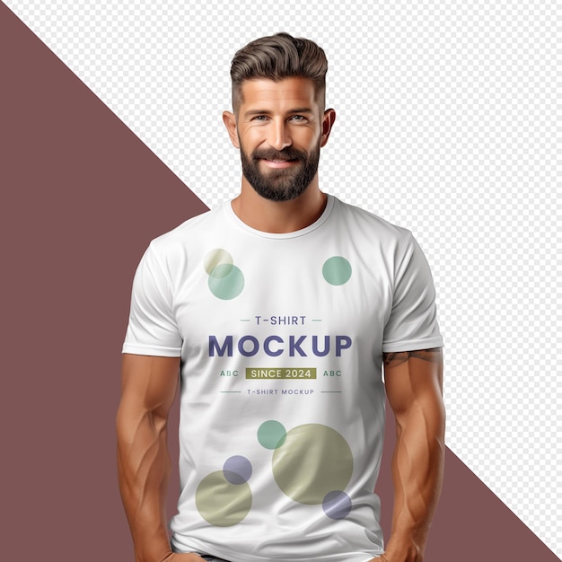 PSD homem vestindo camiseta branca camiseta transparente mockup psd penteado árabe sorridente logotipo de roupa superior masculina