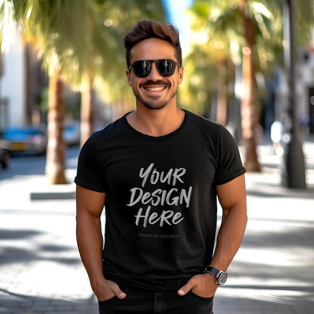 PSD homem vestindo camiseta preta psd mockup