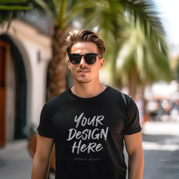 Homem vestindo camiseta preta psd mockup