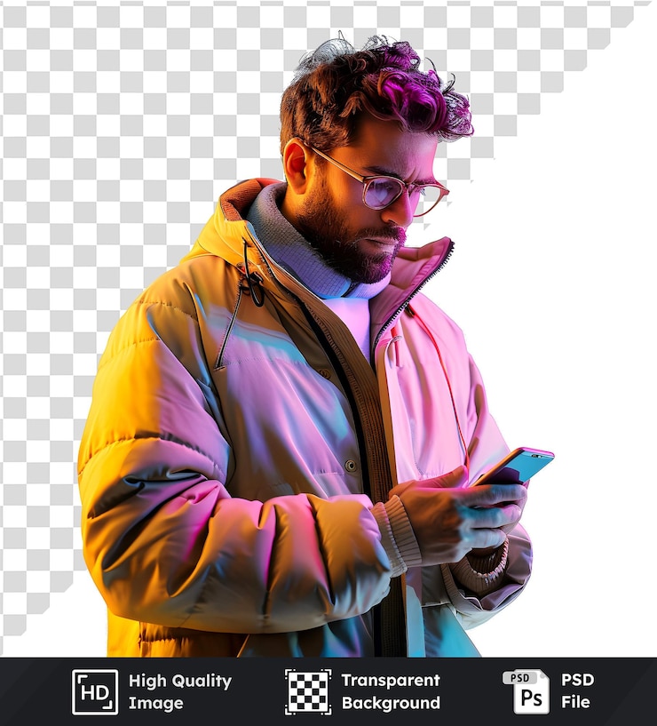 PSD homem vestindo uma jaqueta elegante usando um smartphone psd transparente de alta qualidade