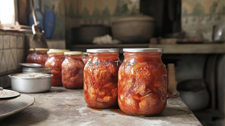 PSD homemade canned meat in jars on rustic kitchen counter