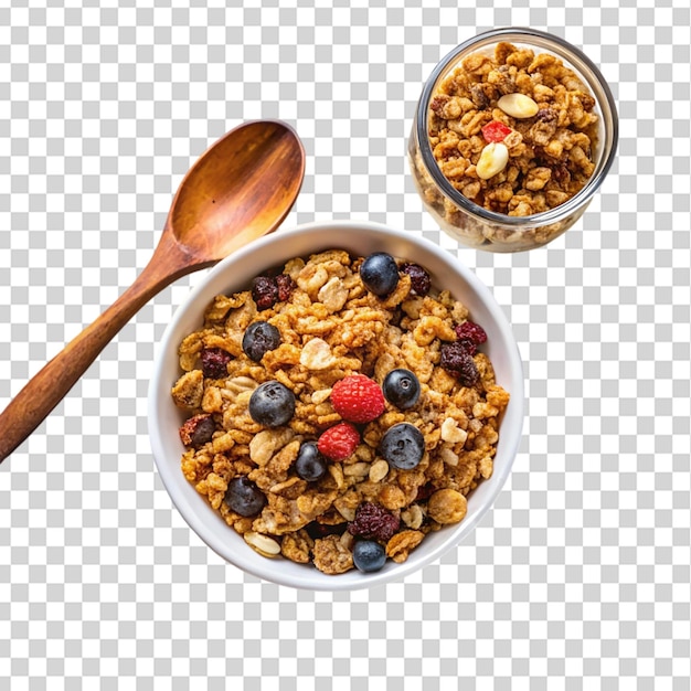 Homemade Granola auf Holz-Topp-View isoliert auf durchsichtigem Hintergrund