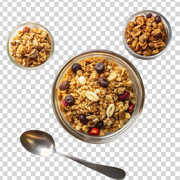 Homemade Granola auf Holz-Topp-View isoliert auf durchsichtigem Hintergrund