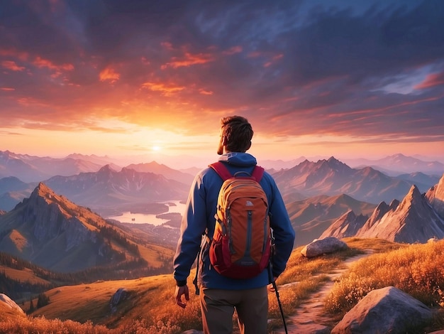 Homens caminhando pelo pico da montanha desfrutando da beleza da natureza no brilho do pôr do sol