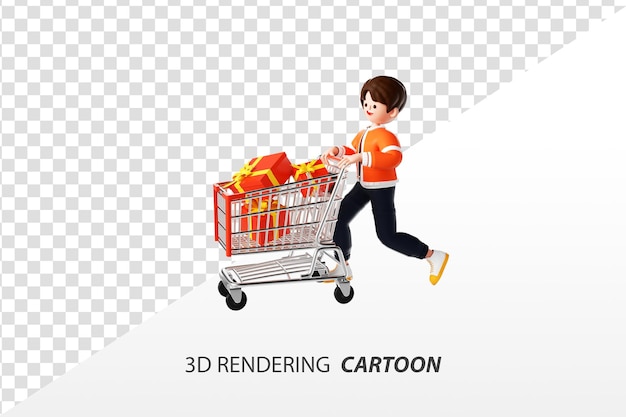 Homens de compras de tendência de desenho animado de renderização 3d