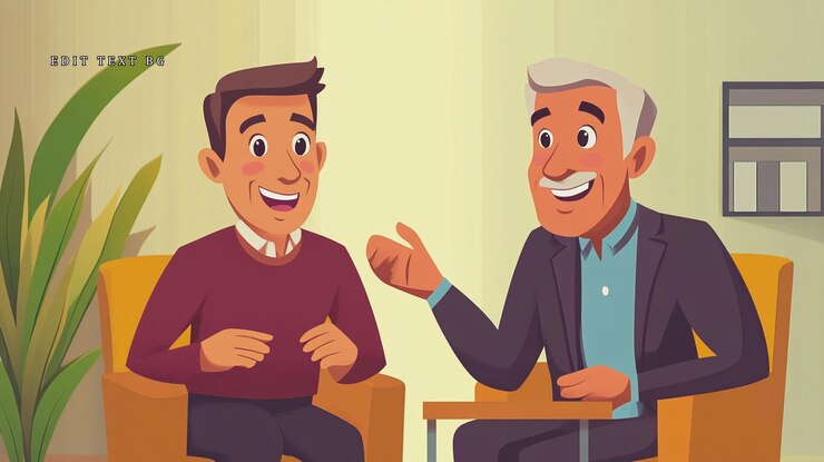 PSD homens felizes a falar, a ter uma conversa sentados em cadeiras.