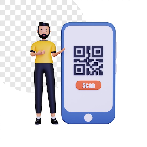 L'homme 3d montre un code-barres sur un téléphone portable avec bouton de numérisation