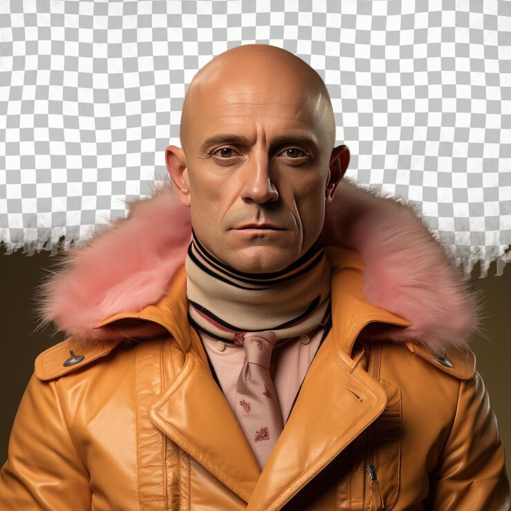 PSD un homme adulte astucieux aux cheveux chauves d'origine slave vêtu d'une tenue de contrôleur de la circulation aérienne pose dans un col de veste sur un fond d'abricot pastel