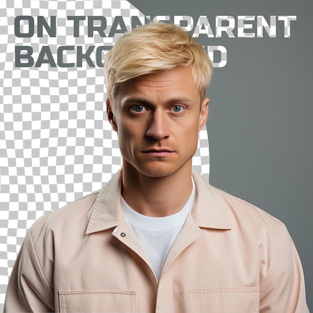 PSD un homme adulte avec des cheveux blonds d'origine scandinave vêtu d'une tenue de microbiologiste pose dans un style soft gaze avec tête inclinée sur un fond de crème pastel