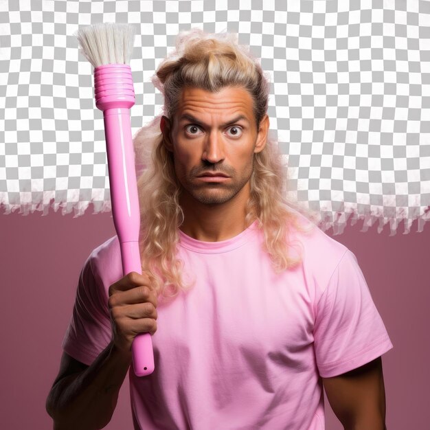 PSD un homme adulte curieux aux cheveux blonds de l'ethnie amérindienne habillé en tenue de projets de bricolage pose dans un style brossage à la main à travers les cheveux sur un fond pastel mauve