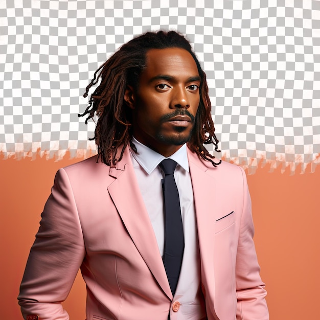 PSD un homme adulte pessimiste aux cheveux longs d'origine africaine vêtu d'une tenue de directeur du marketing pose dans un style de brossage à la main contre un fond de corail pastel