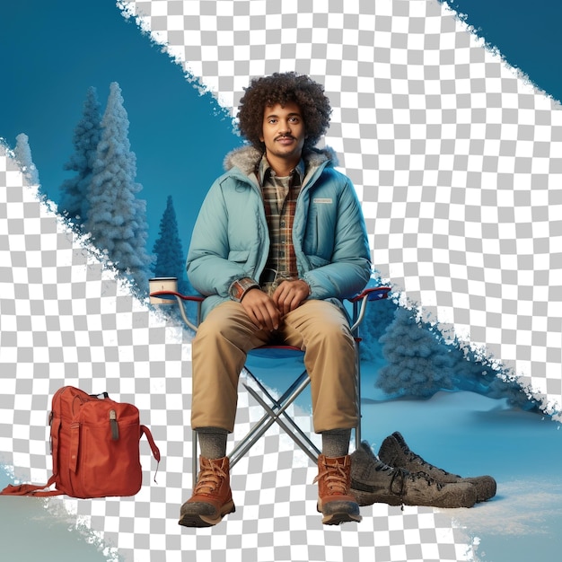 PSD un homme adulte plein d'espoir aux cheveux bouclés d'origine afro-américaine habillé en tenue de camping dans les bois pose en pleine longueur avec un style prop comme une chaise contre un ba bleu pastel