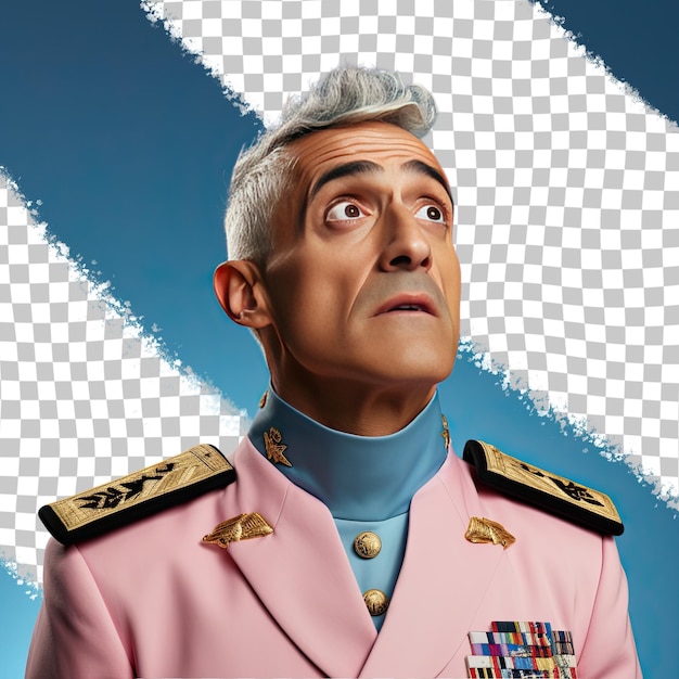 PSD un homme adulte surpris aux cheveux blonds d'origine hispanique vêtu d'une tenue d'officier militaire pose dans un style elegant hand on neck sur un fond pastel sky blue