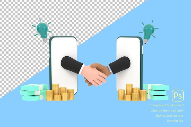 Homme d'affaires 3D se serrant la main à travers les écrans de smartphone concluant un contrat via Internet