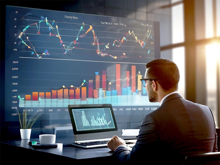 PSD homme d'affaires analysant la planification des ressources de l'entreprise erp graphique de données commerciales utilisant le logiciel erp
