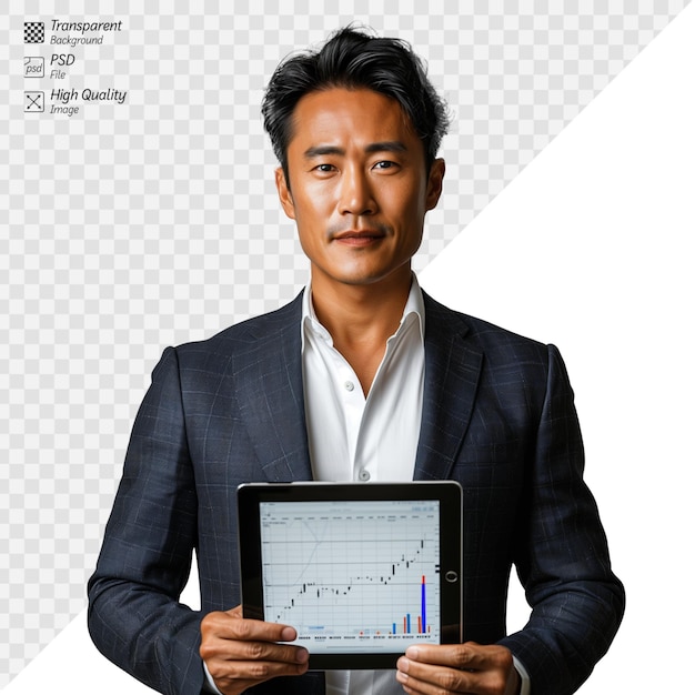 PSD un homme d'affaires asiatique confiant tenant une tablette affichant des graphiques