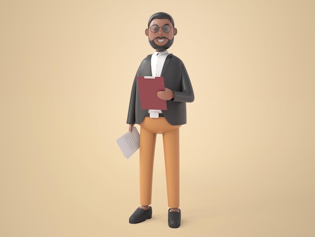 Homme D'affaires De Barbe De Personnage De Dessin Animé D'illustration 3d Portant Des Lunettes De Soleil Debout Et Tenant Le Rapport Dans Ses Mains Avec Le Sourire